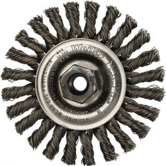 Weiler - 4" OD, M10x1.25 Arbor Hole, Knotted Steel Wheel Brush - 1/4" Face Width, 7/8" Trim Length, 0.02" Filament Diam, 20,000 RPM - Makers Industrial Supply