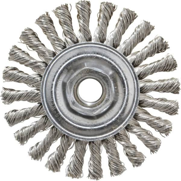 Weiler - 4" OD, 5/8-11 Arbor Hole, Knotted Stainless Steel Wheel Brush - 1/4" Face Width, 7/8" Trim Length, 0.02" Filament Diam, 20,000 RPM - Makers Industrial Supply