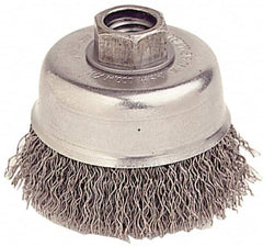 Weiler - 3-1/2" Diam, 1/2-13 Threaded Arbor, Stainless Steel Fill Cup Brush - 0.014 Wire Diam, 7/8" Trim Length, 12,000 Max RPM - Makers Industrial Supply