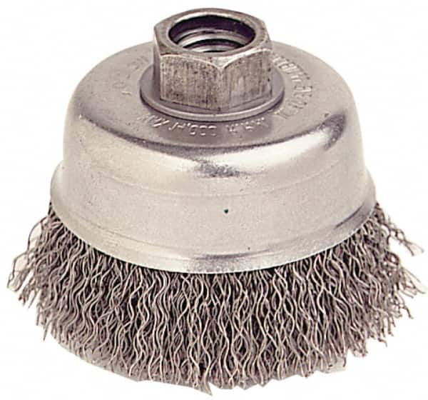 Weiler - 5" Diam, 5/8-11 Threaded Arbor, Stainless Steel Fill Cup Brush - 0.02 Wire Diam, 1-1/4" Trim Length, 8,000 Max RPM - Makers Industrial Supply