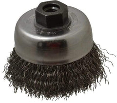 Weiler - 3" Diam, M10x1.25 Threaded Arbor, Steel Fill Cup Brush - 0.014 Wire Diam, 7/8" Trim Length, 14,000 Max RPM - Makers Industrial Supply