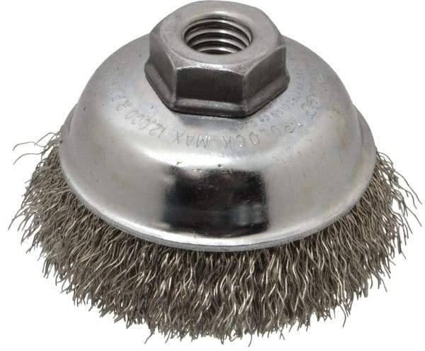 Weiler - 3-1/2" Diam, 5/8-11 Threaded Arbor, Stainless Steel Fill Cup Brush - 0.014 Wire Diam, 7/8" Trim Length, 12,000 Max RPM - Makers Industrial Supply