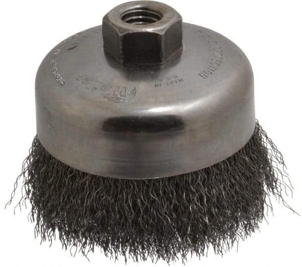 Weiler - 4" Diam, 5/8-11 Threaded Arbor, Steel Fill Cup Brush - 0.0118 Wire Diam, 1-3/8" Trim Length, 9,000 Max RPM - Makers Industrial Supply