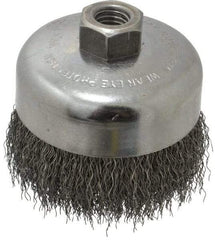 Weiler - 4" Diam, 5/8-11 Threaded Arbor, Steel Fill Cup Brush - 0.014 Wire Diam, 1-3/8" Trim Length, 9,000 Max RPM - Makers Industrial Supply