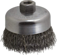 Weiler - 4" Diam, 5/8-11 Threaded Arbor, Steel Fill Cup Brush - 0.02 Wire Diam, 1-3/8" Trim Length, 9,000 Max RPM - Makers Industrial Supply