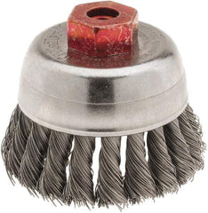 Weiler - 2-3/4" Diam, M10x1.50 Threaded Arbor, Steel Fill Cup Brush - 0.014 Wire Diam, 7/8" Trim Length, 14,000 Max RPM - Makers Industrial Supply