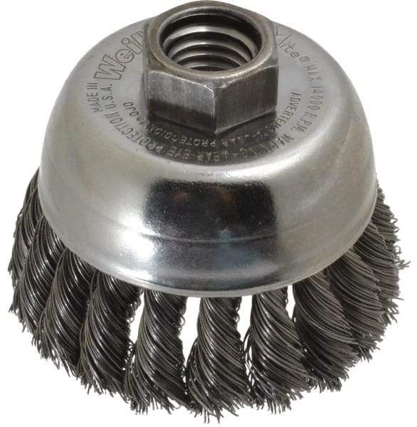 Weiler - 2-3/4" Diam, 5/8-11 Threaded Arbor, Steel Fill Cup Brush - 0.014 Wire Diam, 7/8" Trim Length, 14,000 Max RPM - Makers Industrial Supply