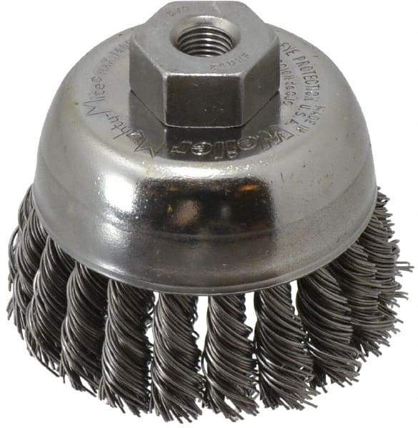 Weiler - 2-3/4" Diam, 3/8-24 Threaded Arbor, Steel Fill Cup Brush - 0.02 Wire Diam, 7/8" Trim Length, 14,000 Max RPM - Makers Industrial Supply