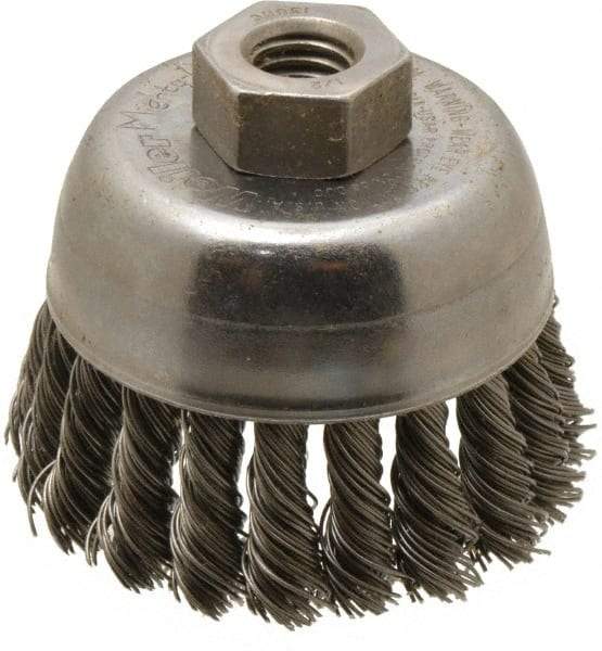 Weiler - 2-3/4" Diam, 1/2-13 Threaded Arbor, Steel Fill Cup Brush - 0.02 Wire Diam, 7/8" Trim Length, 14,000 Max RPM - Makers Industrial Supply