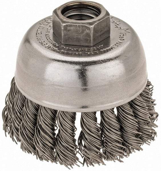Weiler - 2-3/4" Diam, 5/8-11 Threaded Arbor, Steel Fill Cup Brush - 0.02 Wire Diam, 7/8" Trim Length, 14,000 Max RPM - Makers Industrial Supply
