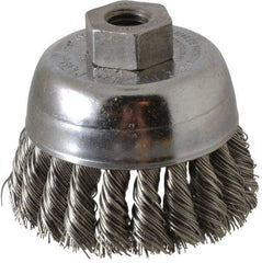 Weiler - 2-3/4" Diam, 1/2-13 Threaded Arbor, Stainless Steel Fill Cup Brush - 0.02 Wire Diam, 7/8" Trim Length, 14,000 Max RPM - Makers Industrial Supply