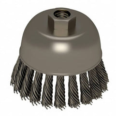 Weiler - 2-3/4" Diam, 5/8-11 Threaded Arbor, Stainless Steel Fill Cup Brush - 0.02 Wire Diam, 7/8" Trim Length, 14,000 Max RPM - Makers Industrial Supply