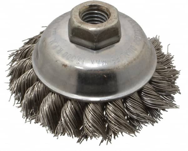 Weiler - 3-1/2" Diam, 5/8-11 Threaded Arbor, Stainless Steel Fill Cup Brush - 0.023 Wire Diam, 7/8" Trim Length, 13,000 Max RPM - Makers Industrial Supply