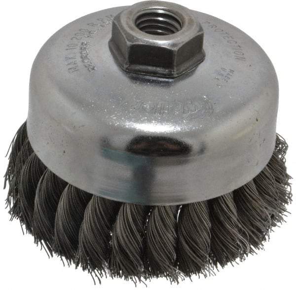 Weiler - 4" Diam, 5/8-11 Threaded Arbor, Steel Fill Cup Brush - 0.014 Wire Diam, 1-1/4" Trim Length, 9,000 Max RPM - Makers Industrial Supply