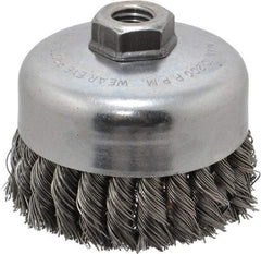 Weiler - 4" Diam, 5/8-11 Threaded Arbor, Steel Fill Cup Brush - 0.023 Wire Diam, 1-1/4" Trim Length, 9,000 Max RPM - Makers Industrial Supply