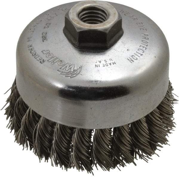 Weiler - 4" Diam, 5/8-11 Threaded Arbor, Stainless Steel Fill Cup Brush - 0.023 Wire Diam, 1-1/4" Trim Length, 9,000 Max RPM - Makers Industrial Supply