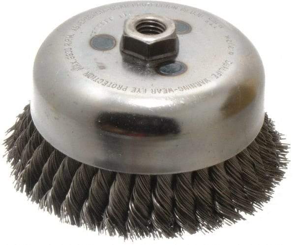 Weiler - 6" Diam, 5/8-11 Threaded Arbor, Steel Fill Cup Brush - 0.023 Wire Diam, 1-3/8" Trim Length, 6,600 Max RPM - Makers Industrial Supply
