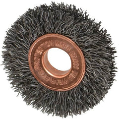 Weiler - 1-1/2" OD, 3/8" Arbor Hole, Crimped Steel Wheel Brush - 1/4" Face Width, 7/16" Trim Length, 0.0104" Filament Diam, 20,000 RPM - Makers Industrial Supply