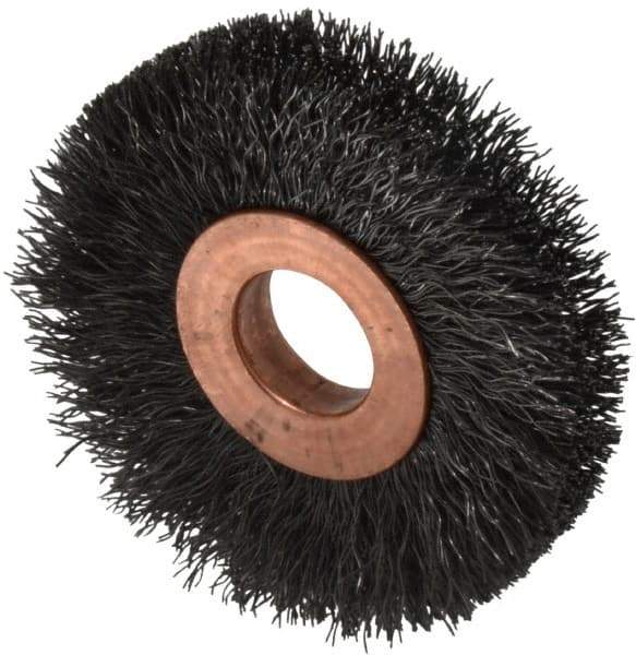 Weiler - 2" OD, 1/2" Arbor Hole, Crimped Steel Wheel Brush - 3/8" Face Width, 1/2" Trim Length, 0.008" Filament Diam, 20,000 RPM - Makers Industrial Supply