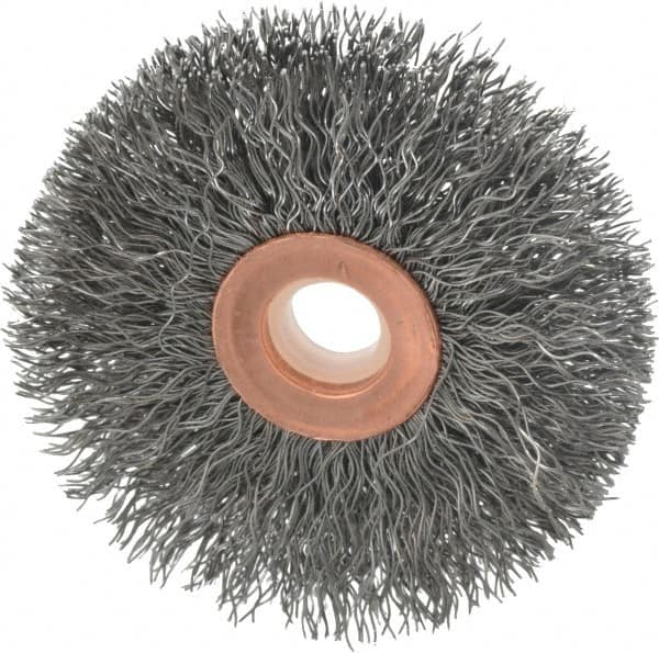 Weiler - 2-1/2" OD, 1/2" Arbor Hole, Crimped Steel Wheel Brush - 1/2" Face Width, 3/4" Trim Length, 0.0118" Filament Diam, 20,000 RPM - Makers Industrial Supply