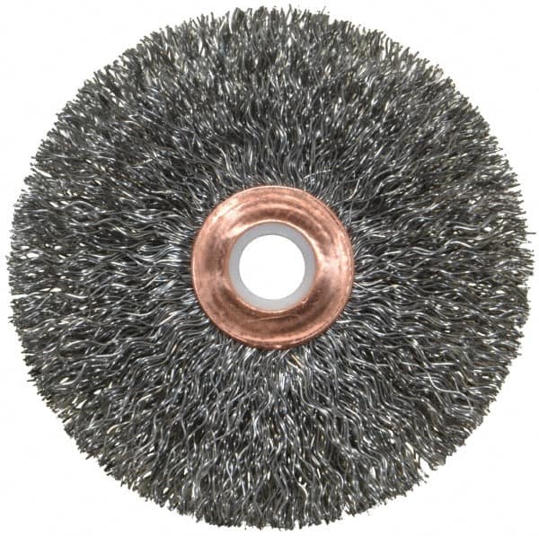 Weiler - 3" OD, 1/2" Arbor Hole, Crimped Steel Wheel Brush - 5/8" Face Width, 1" Trim Length, 0.0118" Filament Diam, 20,000 RPM - Makers Industrial Supply