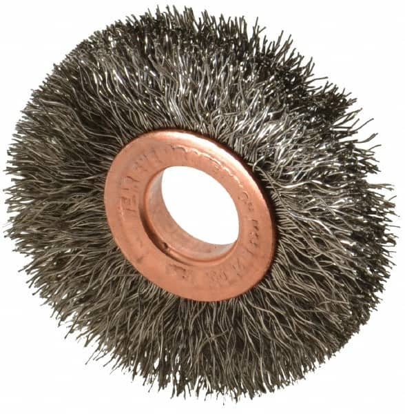 Weiler - 2" OD, 1/2" Arbor Hole, Crimped Stainless Steel Wheel Brush - 3/8" Face Width, 1/2" Trim Length, 0.0104" Filament Diam, 20,000 RPM - Makers Industrial Supply