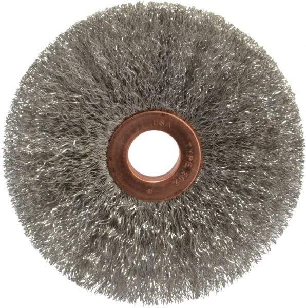 Weiler - 3" OD, 1/2" Arbor Hole, Crimped Stainless Steel Wheel Brush - 5/8" Face Width, 1" Trim Length, 0.006" Filament Diam, 20,000 RPM - Makers Industrial Supply