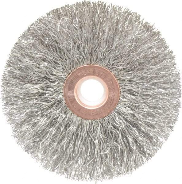 Weiler - 3" OD, 1/2" Arbor Hole, Crimped Stainless Steel Wheel Brush - 5/8" Face Width, 1" Trim Length, 0.0118" Filament Diam, 20,000 RPM - Makers Industrial Supply