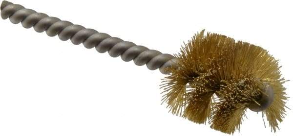 Made in USA - 1" Diam Helical Brass Tube Brush - Single Spiral, 0.008" Filament Diam, 1" Brush Length, 3-1/2" OAL, 0.248" Diam Stainless Steel Shank - Makers Industrial Supply