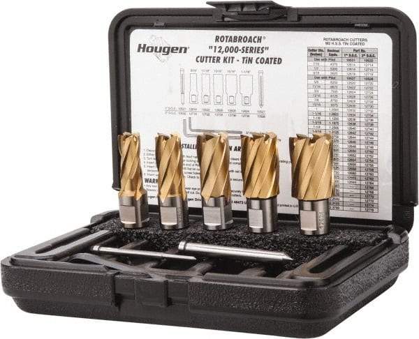 Hougen - 8 Piece, 9/16 to 1-1/16" Cutter Diam, 1" Cutting Depth, High Speed Steel Annular Cutter Set - TiN Finish, 3/4" Shank Diam, 9/16, 11/16, 13/16, 15/16, 1-1/16" Cutter Diams, 2 Flats on Shank - Makers Industrial Supply