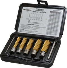 Hougen - 9 Piece, 9/16 to 1-1/16" Cutter Diam, 2" Cutting Depth, High Speed Steel Annular Cutter Set - TiN Finish, 3/4" Shank Diam, 9/16, 11/16, 13/16, 15/16, 1-1/16" Cutter Diams, 2 Flats on Shank - Makers Industrial Supply