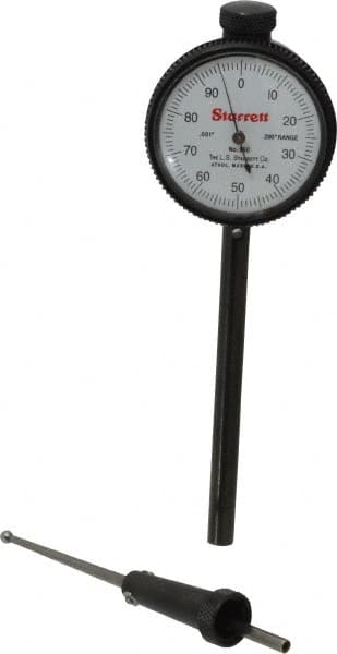 Starrett - 0.2 Inch Range, 0.001 Inch Dial Graduation, Dial Test Indicator - 1-11/16 Inch White Dial, 0-100 Dial Reading - Makers Industrial Supply