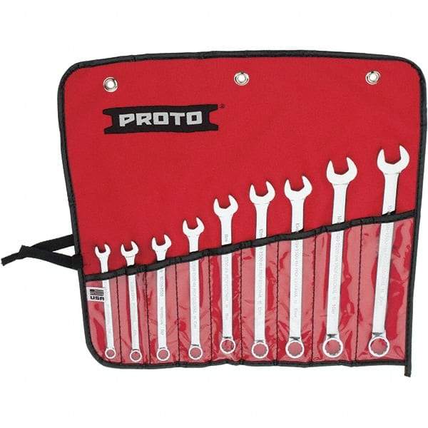 Proto - 9 Piece, 7mm to 15mm, 12 Point Combination Wrench Set - Metric Measurement Standard, Full Polish Finish, Comes in Vinyl Roll - Makers Industrial Supply