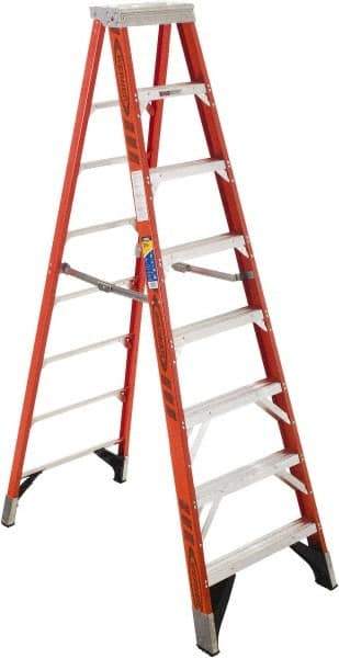 Werner - 7 Steps, 8' High, Type IAA Rating, Fiberglass Step Ladder - 375 Lb Capacity, 28-1/2" Base Width - Makers Industrial Supply