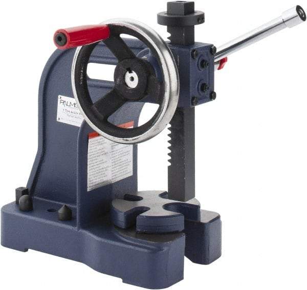 Palmgren - 1" Ram, 4" Throat Depth, 1 Ton Manual Arbor Press - 5-1/2" Max Work Height x 8" Max Work Width, Single Leverage, 5" Base Width x 10-1/2" Base Depth - Makers Industrial Supply