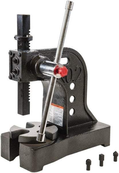 Palmgren - 1-1/4" Ram, 5-15/16" Throat Depth, 2 Ton Manual Arbor Press - 8" Max Work Height x 11-7/8" Max Work Width, Single Leverage, 6-1/2" Base Width x 16" Base Depth - Makers Industrial Supply