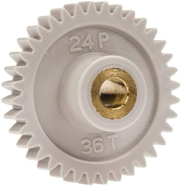 Made in USA - 24 Pitch, 1-1/2" Pitch Diam, 1.583" OD, 36 Tooth Spur Gear - 1/4" Face Width, 1/4" Bore Diam, 5/8" Hub Diam, 20° Pressure Angle, Acetal - Makers Industrial Supply