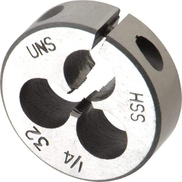 Interstate - 1/4-32 UNEF Thread, 1-1/2" Outside Diam High Speed Steel Round Die - Right Hand Thread, Adjustable - Exact Industrial Supply