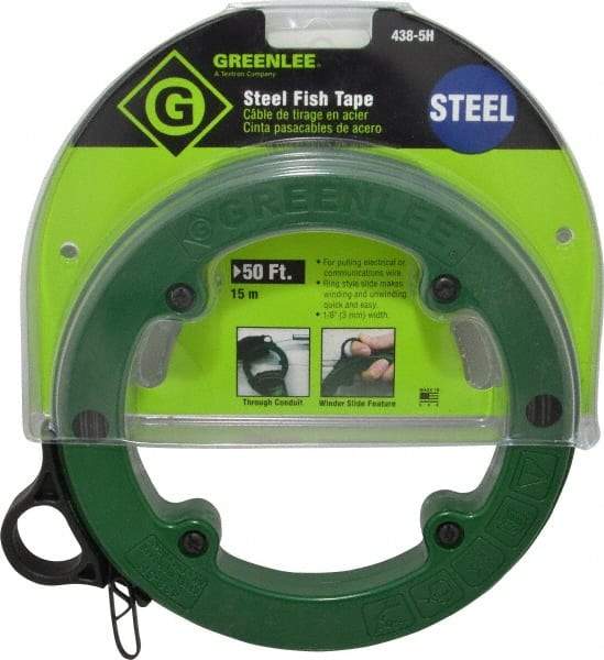 Greenlee - 50 Ft. Long x 1/8 Inch Wide, 3/64 Inch Thick, Steel Fish Tape - 400 Lb. Pulling Strength, Includes Case - Makers Industrial Supply