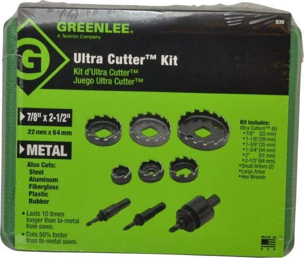 Greenlee - 9 Piece, 7/8" to 2-1/2" Saw Diam, Electrician's Hole Saw Kit - High Speed Steel, Toothed Edge, Includes 6 Hole Saws - Makers Industrial Supply