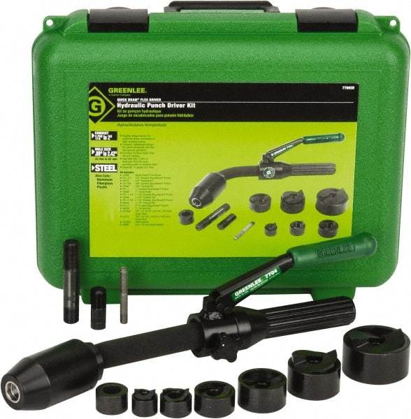 Greenlee - 11 Piece, 1/2 to 2" Punch Hole Diam, Hydraulic Punch Driver Kit - Round Punch, 10 Gage Mild Steel - Makers Industrial Supply