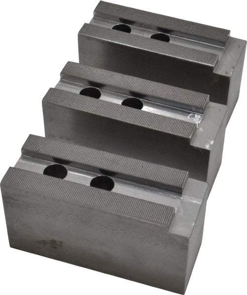 H & R Manufacturing - 15" Chuck Capacity, 1.5mm x 60° Serrated Attachment, Square Soft Lathe Chuck Jaw - 3 Jaws, Steel, 1.69" Btw Mount Hole Ctrs, 6-1/2" Long x 2-1/2" Wide x 3-1/2" High, 0.866" Groove, 20mm Fastener - Makers Industrial Supply