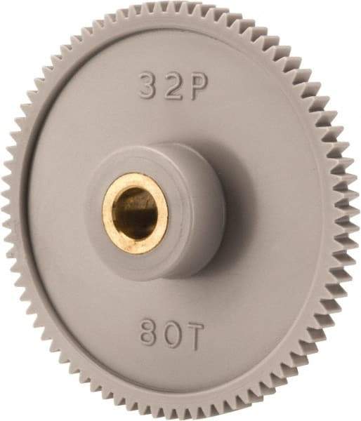 Made in USA - 32 Pitch, 2-1/2" Pitch Diam, 2-9/16" OD, 80 Tooth Spur Gear - 3/16" Face Width, 5/16" Bore Diam, 13/16" Hub Diam, 20° Pressure Angle, Acetal - Makers Industrial Supply