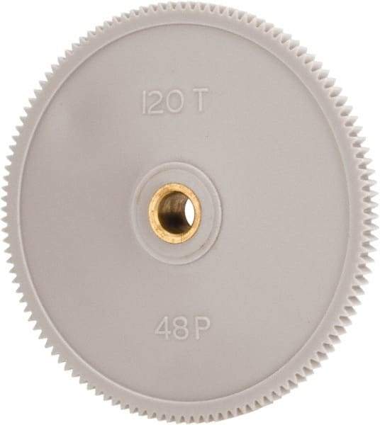 Made in USA - 48 Pitch, 2-1/2" Pitch Diam, 2.542" OD, 120 Tooth Spur Gear - 1/8" Face Width, 1/4" Bore Diam, 39/64" Hub Diam, 20° Pressure Angle, Acetal - Makers Industrial Supply