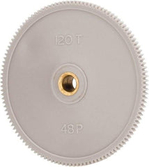 Made in USA - 48 Pitch, 2-1/2" Pitch Diam, 2.542" OD, 120 Tooth Spur Gear - 1/8" Face Width, 1/4" Bore Diam, 39/64" Hub Diam, 20° Pressure Angle, Acetal - Makers Industrial Supply