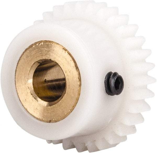 Made in USA - 48 Pitch, 0.667" Pitch Diam, 0.708" OD, 32 Tooth Spur Gear - 1/8" Face Width, 3/16" Bore Diam, 35/64" Hub Diam, 20° Pressure Angle, Acetal - Makers Industrial Supply