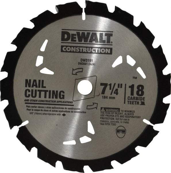 DeWALT - 7-1/4" Diam, 5/8" Arbor Hole Diam, 18 Tooth Wet & Dry Cut Saw Blade - Carbide-Tipped, General Purpose Action, Diamond Arbor - Makers Industrial Supply