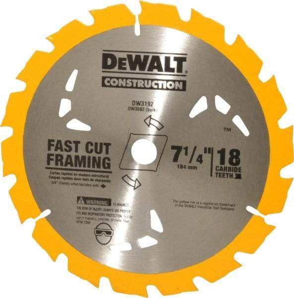 DeWALT - 7-1/4" Diam, 5/8" Arbor Hole Diam, 18 Tooth Wet & Dry Cut Saw Blade - Carbide-Tipped, General Purpose Action, Diamond Arbor - Makers Industrial Supply