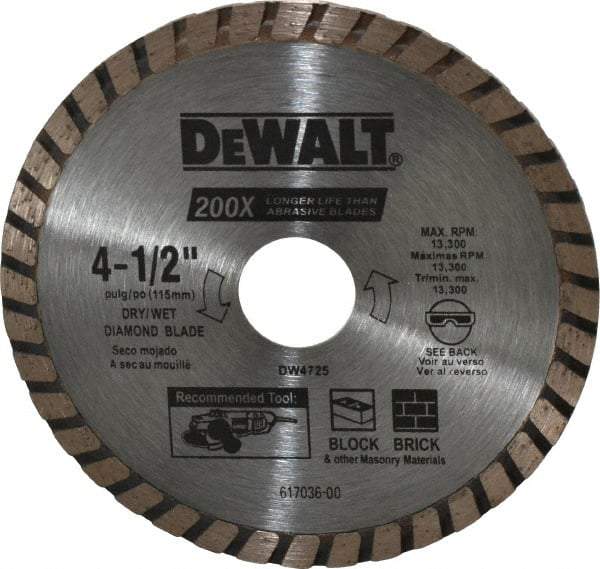 DeWALT - 4-1/2" Diam, 7/8" Arbor Hole Diam, Wet & Dry Cut Saw Blade - Diamond-Tipped, Standard Round Arbor - Makers Industrial Supply