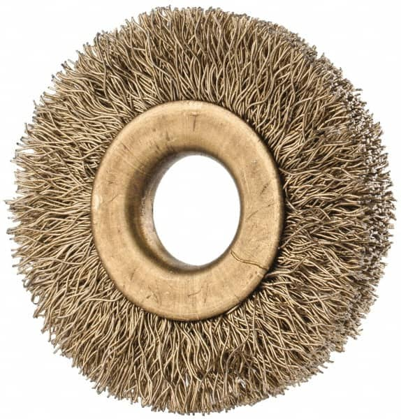 Value Collection - 1-3/8" OD, 3/8" Arbor Hole, Crimped Brass-Coated Steel Wheel Brush - 1/4" Face Width, 3/8" Trim Length, 0.007" Filament Diam, 20,000 RPM - Makers Industrial Supply